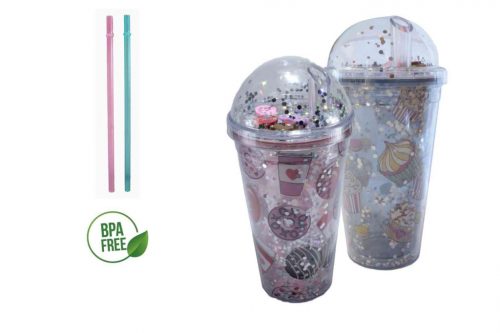 Cupă Plastic Glitter Decorative + Capac 500ml Lu-17