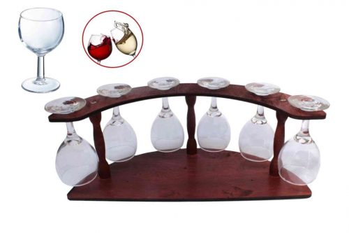 Wooden Cup Holder Bar with 6 Pieces Wine Glasses