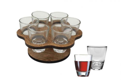 Wooden Cup Holder Round with 6 Stamped Cups