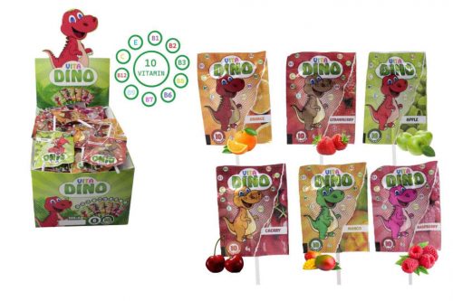 Lollipop Vita Dino in einer Papierschachtel mit mehreren Geschmacksrichtungen, 100 x 6 g